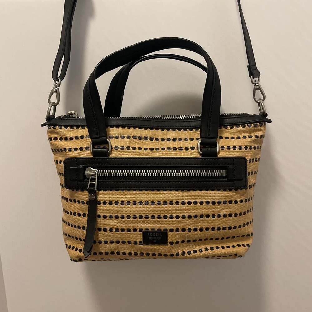 Fossil Dawson Satchel Light Tan Fabric and Leather Handbag